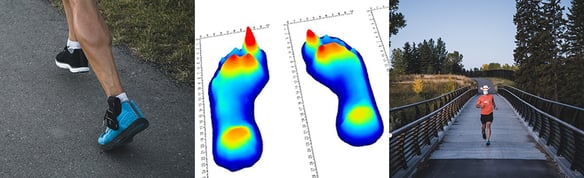 Left image: Person running with insole sensors in his shoes; Middle image: Pressure data from gait & plantar footprint; Right image: Person running towards camera with face mask on across a bridge.