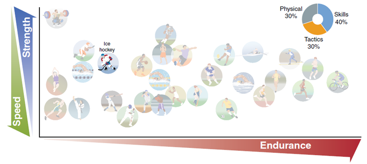Figure 3. The position of the ice hockey player on the three axes illustrates the relative importance of the three main physical capacities of importance for elite participation in the sport (from Laursen and Buchheit, "Science and Application of High-Intensity Interval Training, adapted from G.A. Nader, "Concurrent Strength and Endurance Training: From Molecules to Men", Medicine & Science in Sports & Exercise 38, no. 11 (2006): 1965-1970).